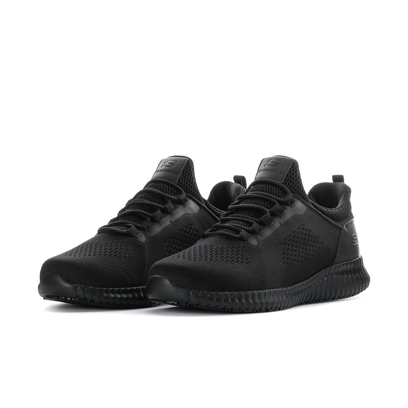 Black lace-up knit sneakers with padded collar and textured rubber sole, side view pair