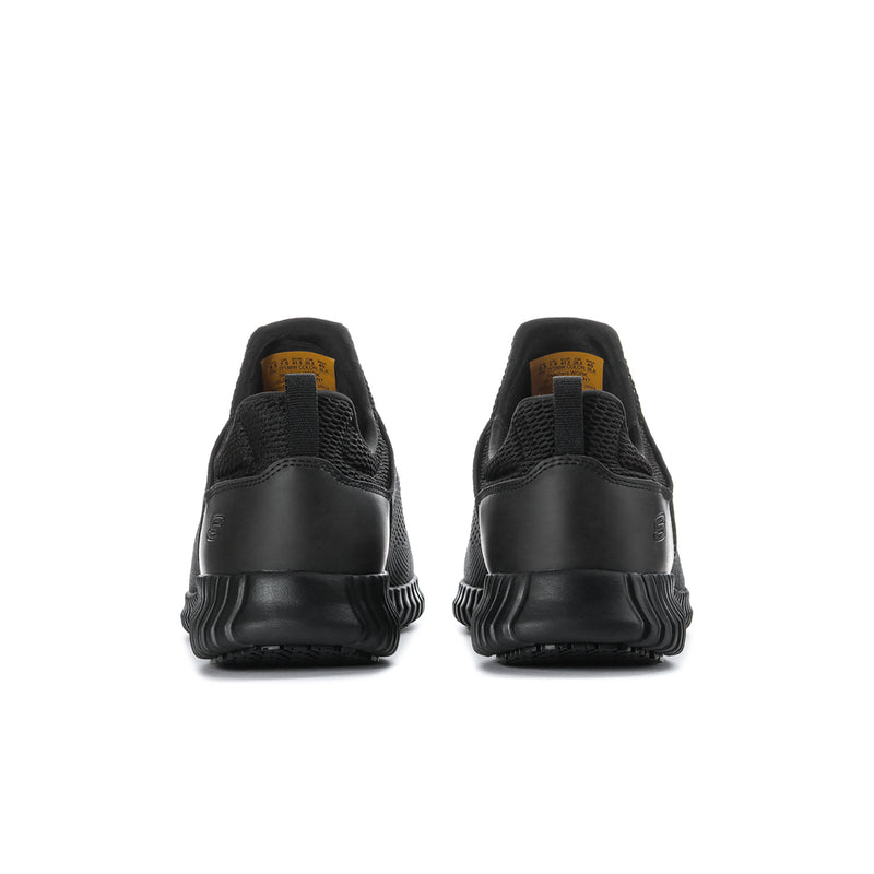 Black sneakers with rear heel tab, ribbed midsole detail, and lace-up closure, pair