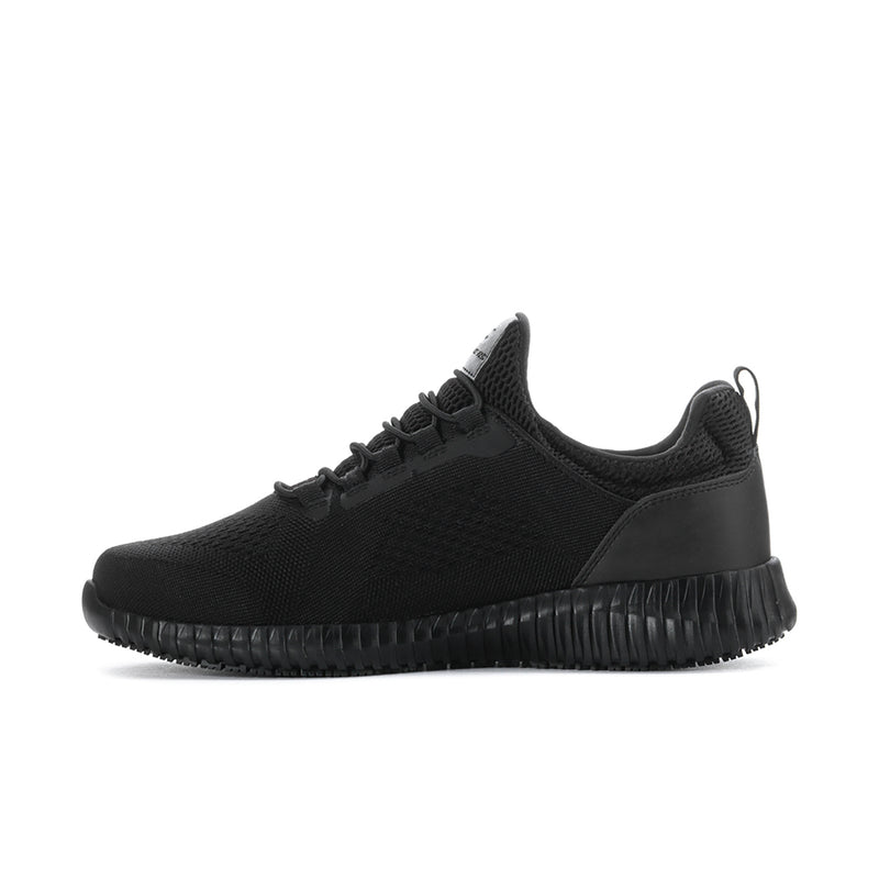 Black lace-up knit sneakers with smooth toe cap and cushioned rubber sole, side angle
