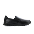 Men's black slip-on work shoe with cushioned sole and side logo
