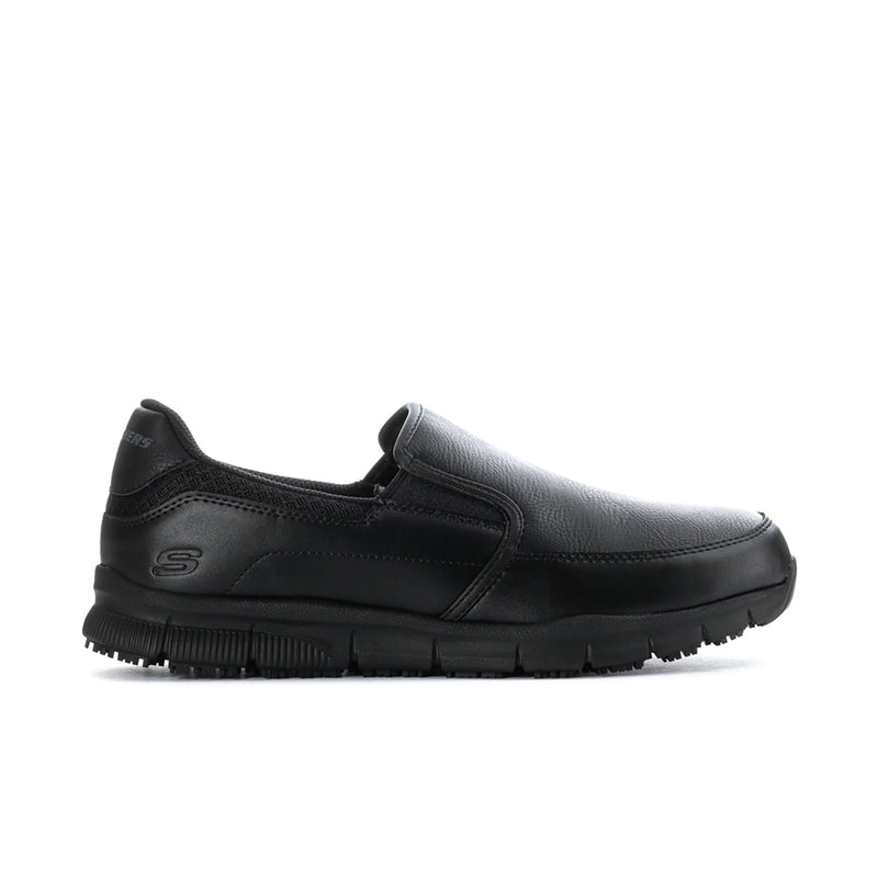 Men's black slip-on work shoe with cushioned sole and side logo