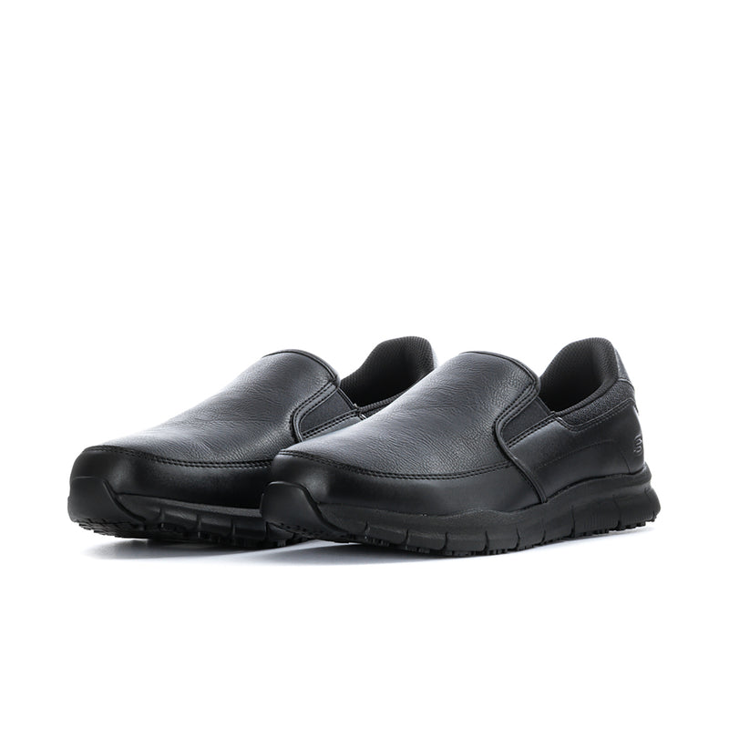 Men's black slip-on work shoe, rounded toe and contrast paneling