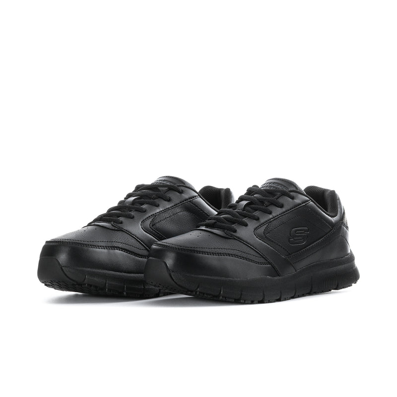 Men's black lace-up sneakers, front-side view with S logo and tread sole