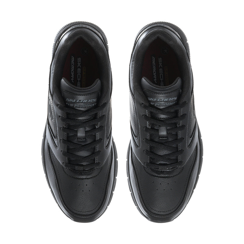 Men's black lace-up sneakers, top view with perforations and tongue branding