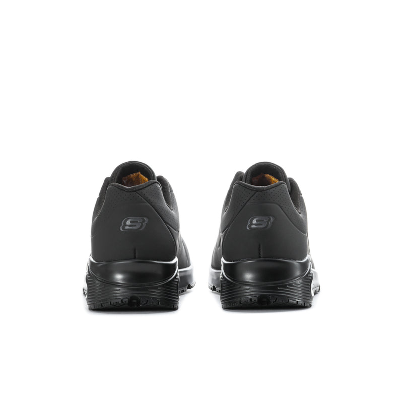 Black Skechers sneakers heel view with padded back and logo on heel
