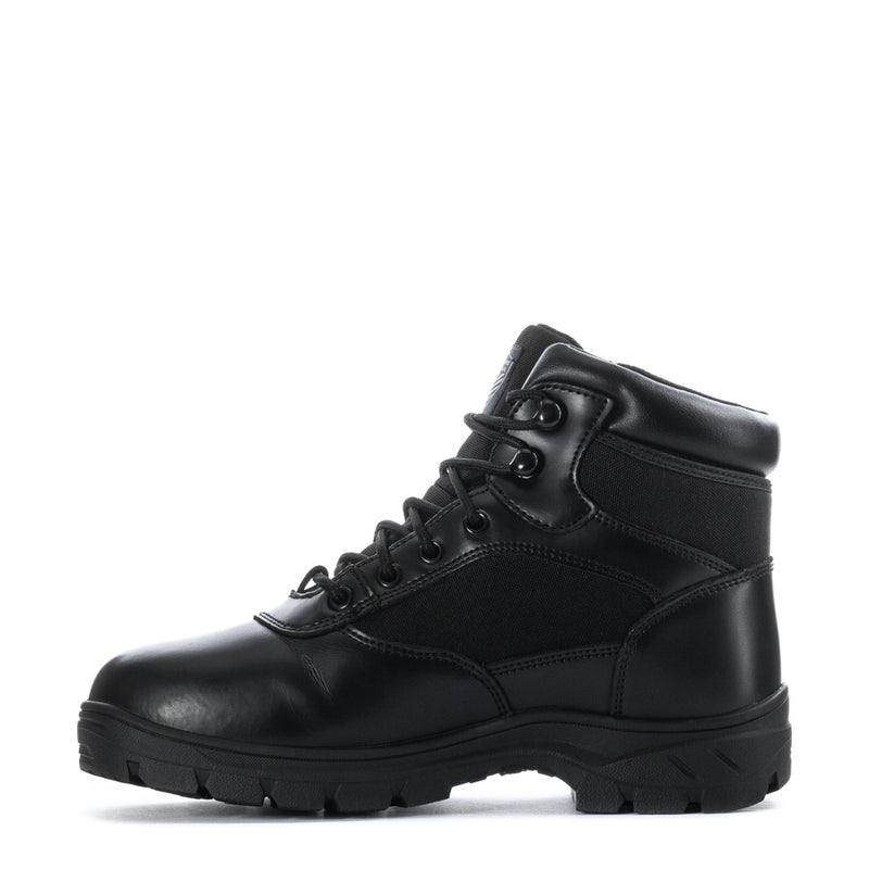 Men's black lace-up waterproof work boot with side stitching and ankle support