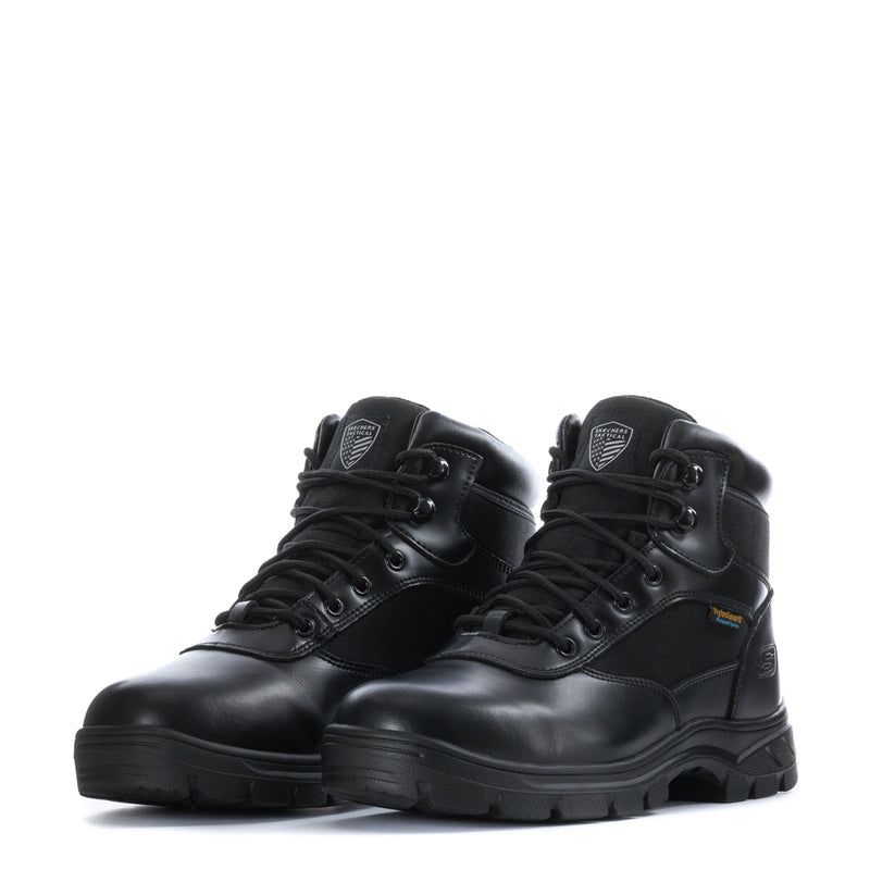 Pair of men's black lace-up waterproof work boots with padded collars and treaded soles