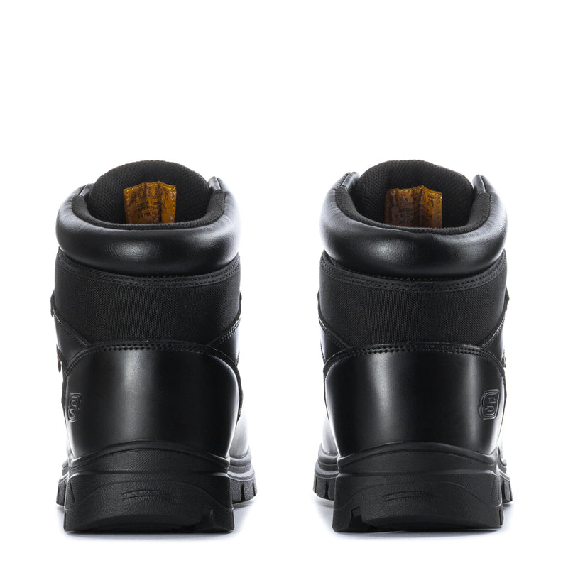 Men's black waterproof work boots back view with pull-tab detail and rugged heel