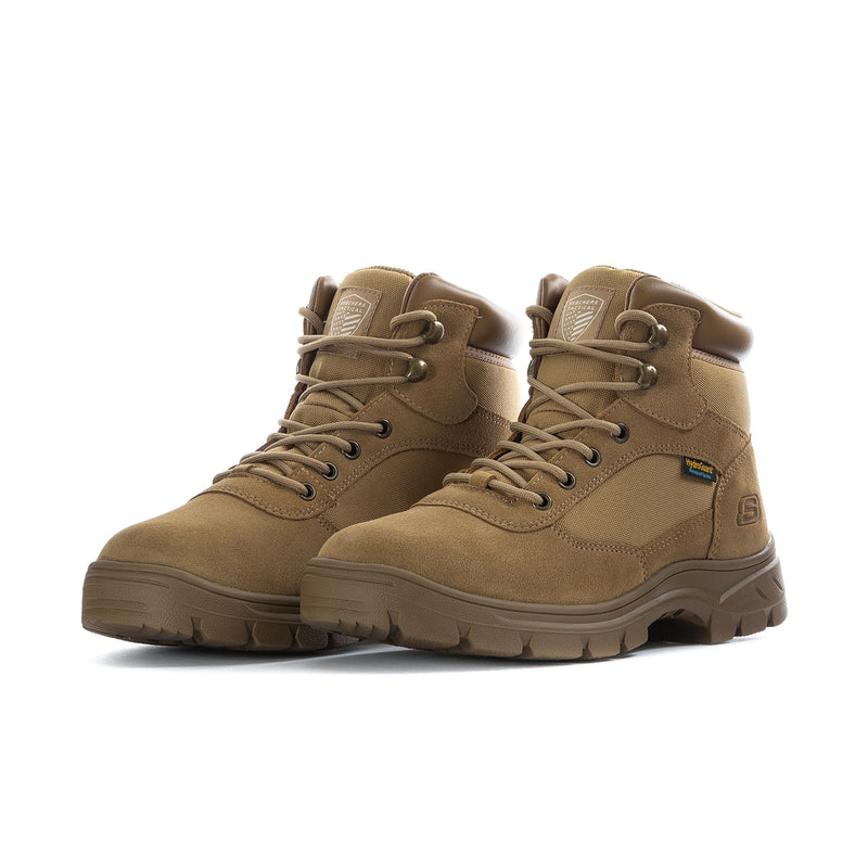 Men's camel lace-up work boots, rugged lug sole, padded tongue