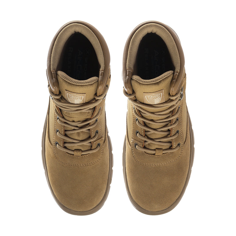 Men's camel lace-up boot pair with cushioned interior and padded ankle