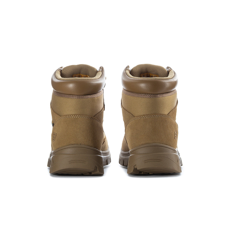 Men's camel suede work boots with rear pull tabs and padded heel
