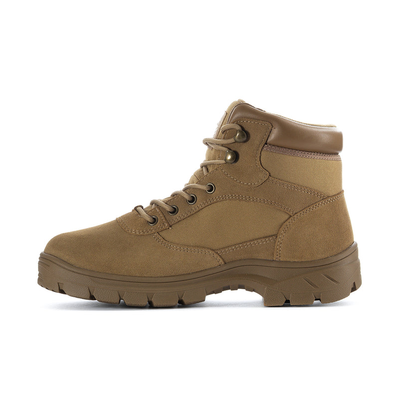 Men's camel lace-up work boot with thick outsole and stitched panel accents