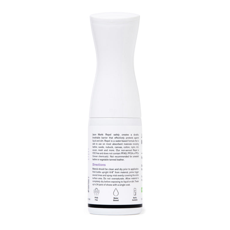 Repel protectant spray bottle with back label and usage icons