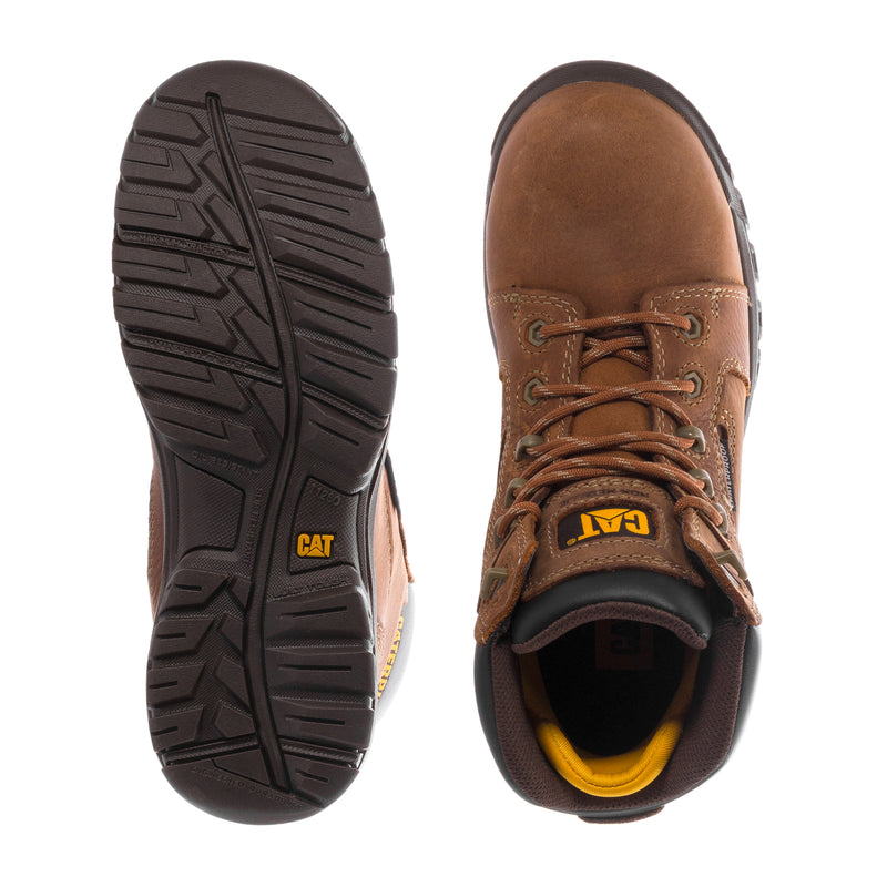 Women’s Caterpillar CT WP work boot soles and toe, leather brown with CAT logo