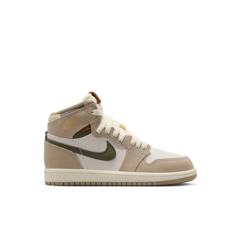 Kids high-top sneakers in beige and off-white with green swoosh and tan ankle collar