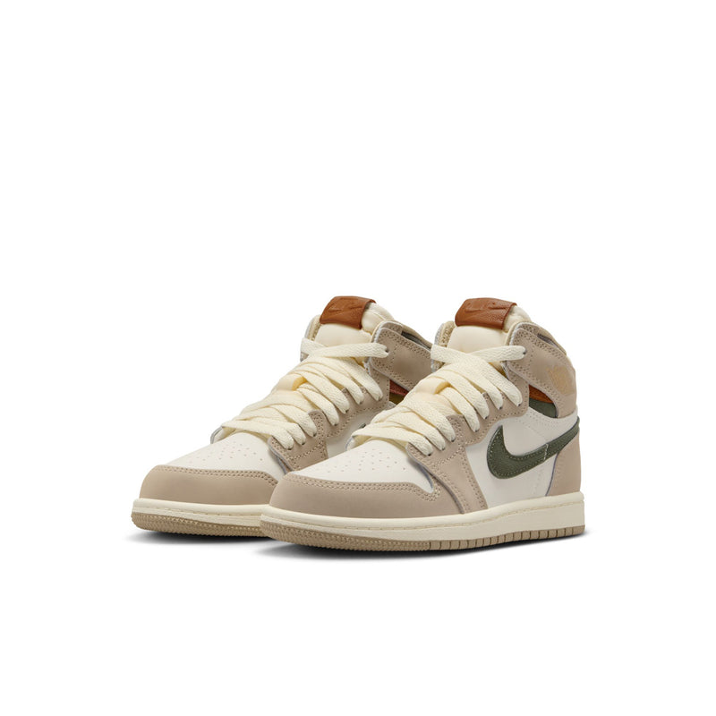 Pair of kids high-top sneakers, off-white laces with beige panels and green side swoosh