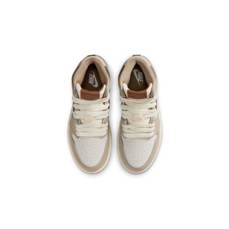 Kids high-top sneakers viewed from front, off-white laces and perforated toe box