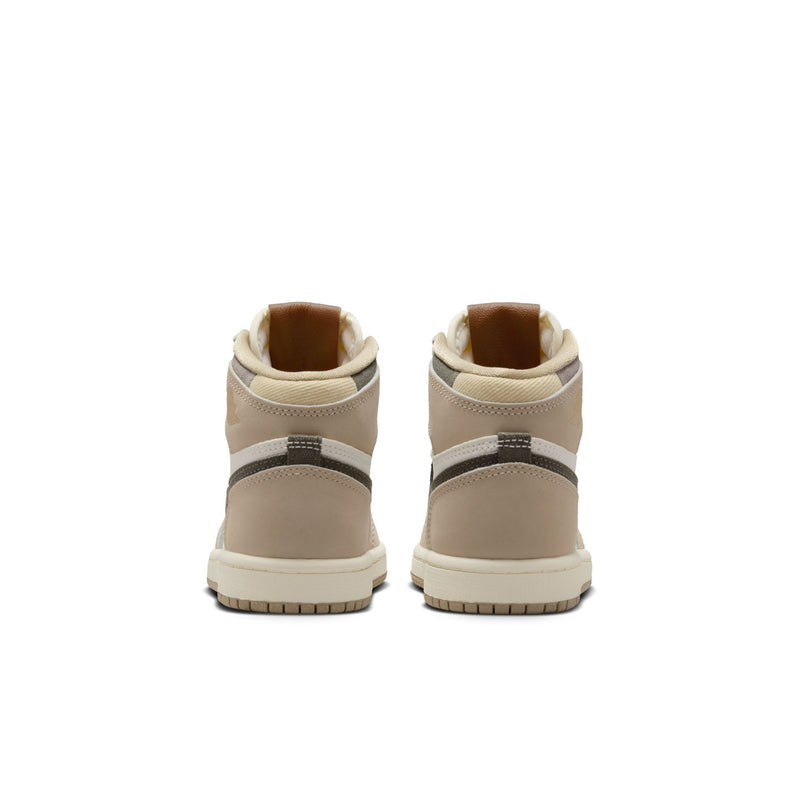 Kids high-top sneakers heel view in beige with dark green stripe accents