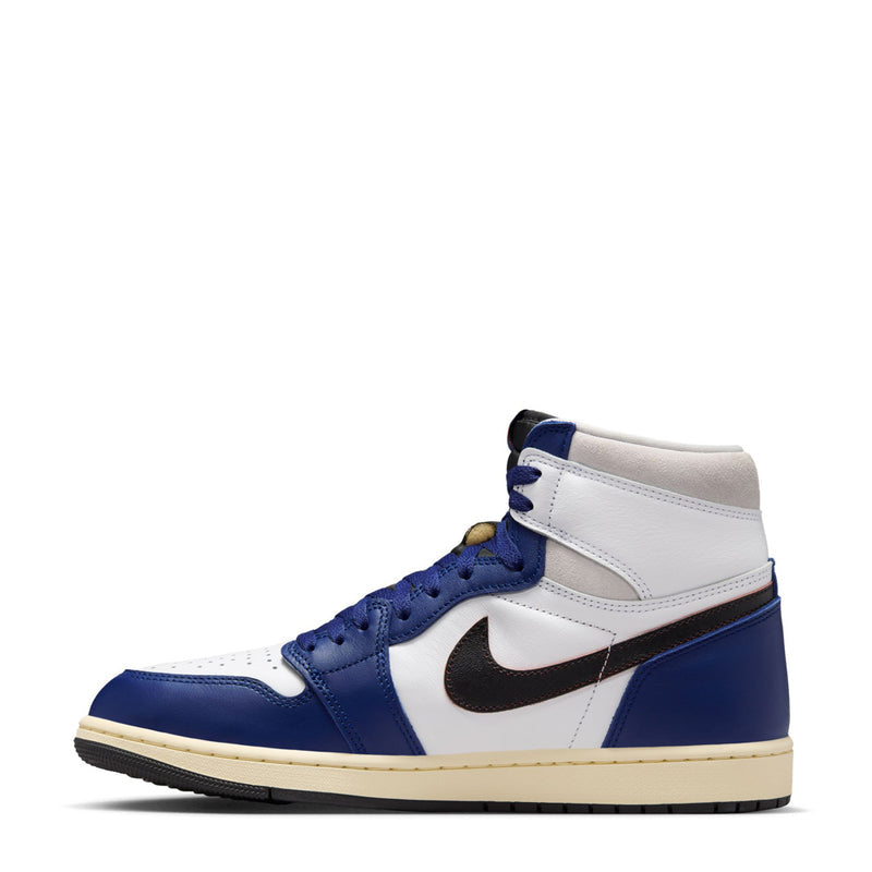 Men's high-top sneakers with white leather panels and royal blue overlays, cream sole