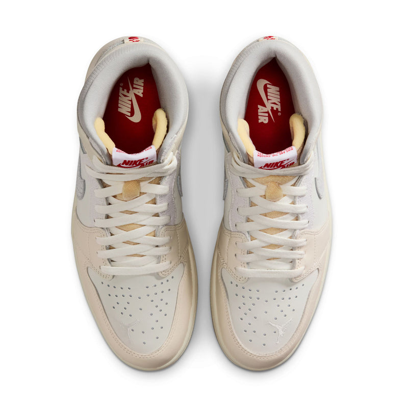 Men's cream high-top sneakers front view, white laces, red Nike Air logo inside