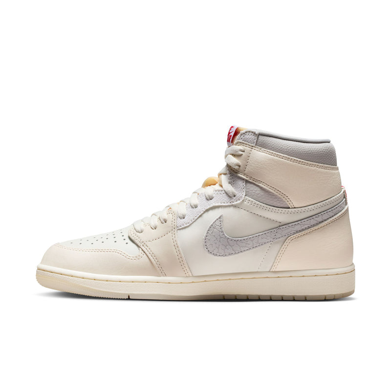 Men's cream high-top sneakers side profile, white Swoosh, lace-up upper