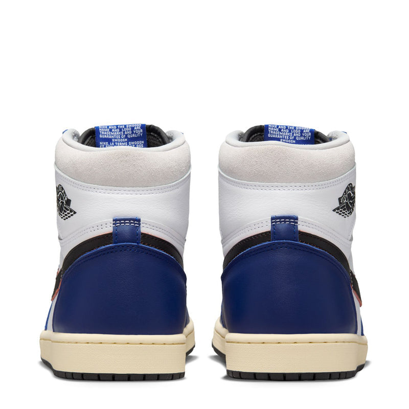 Pair of men's high-top sneakers, white uppers with royal blue heel panels, cream sole