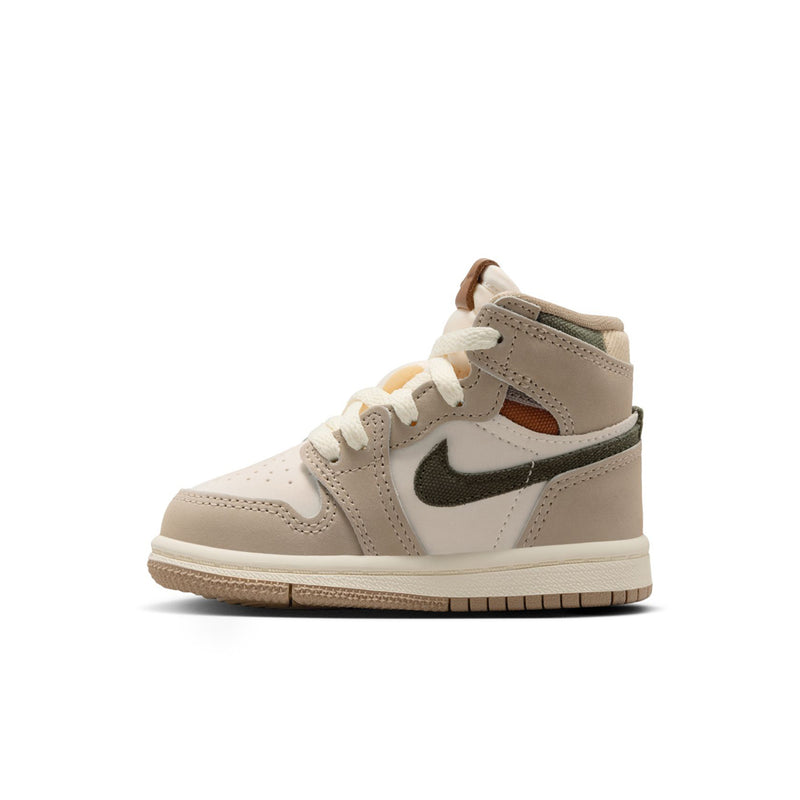 Toddler high-top sneakers, side angle with olive swoosh and khaki suede panels
