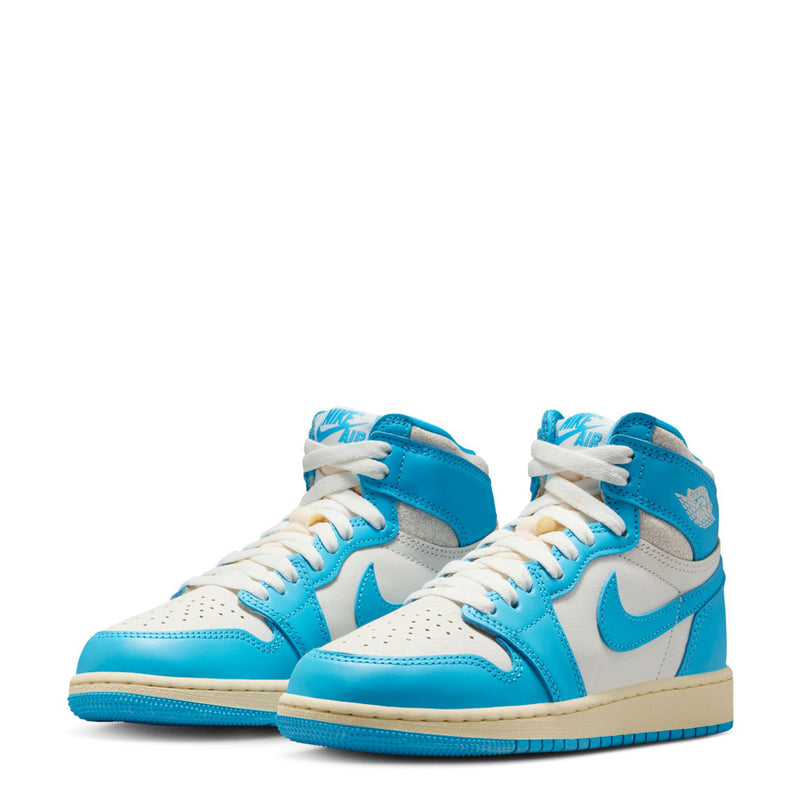 Pair of youth high-top sneakers in blue and white, both shoes facing forward.