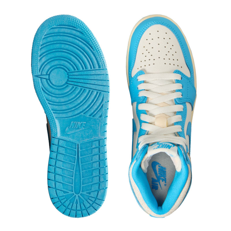 Youth high-top sneaker soles and interior, blue rubber outsole, white upper.