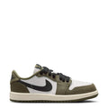 Kids low-top sneakers in olive, white, and black with black lace-up styling