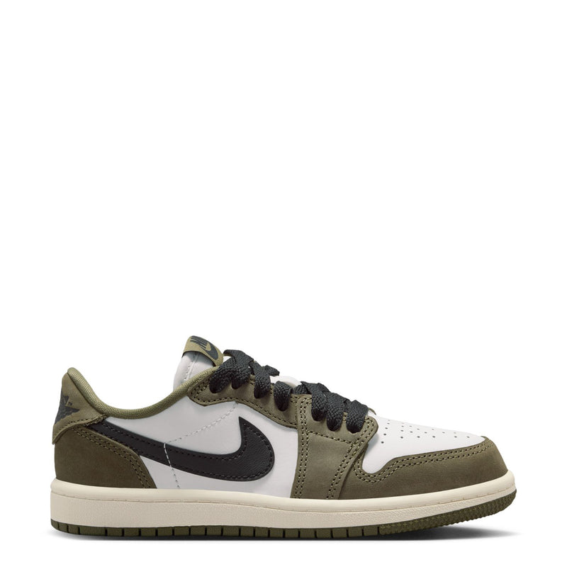 Kids low-top sneakers in olive, white, and black with black lace-up styling