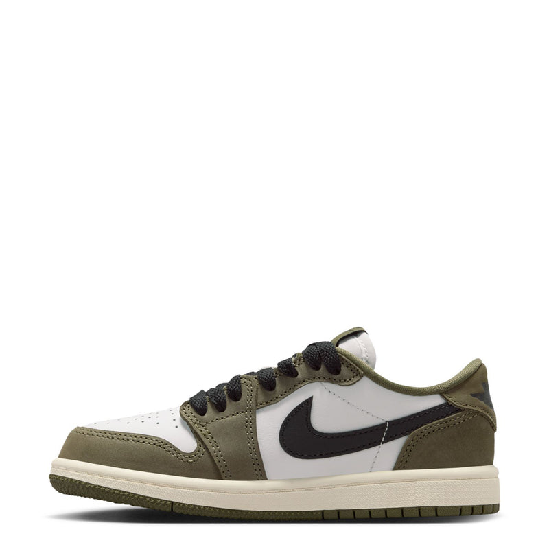 Kids low-top sneaker side view in olive suede, white panels, and black Nike swoosh