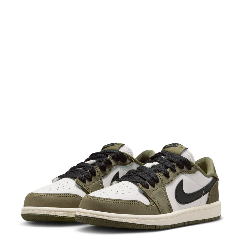 Kids low-top sneakers, pair angle view, olive suede with white toe and black laces
