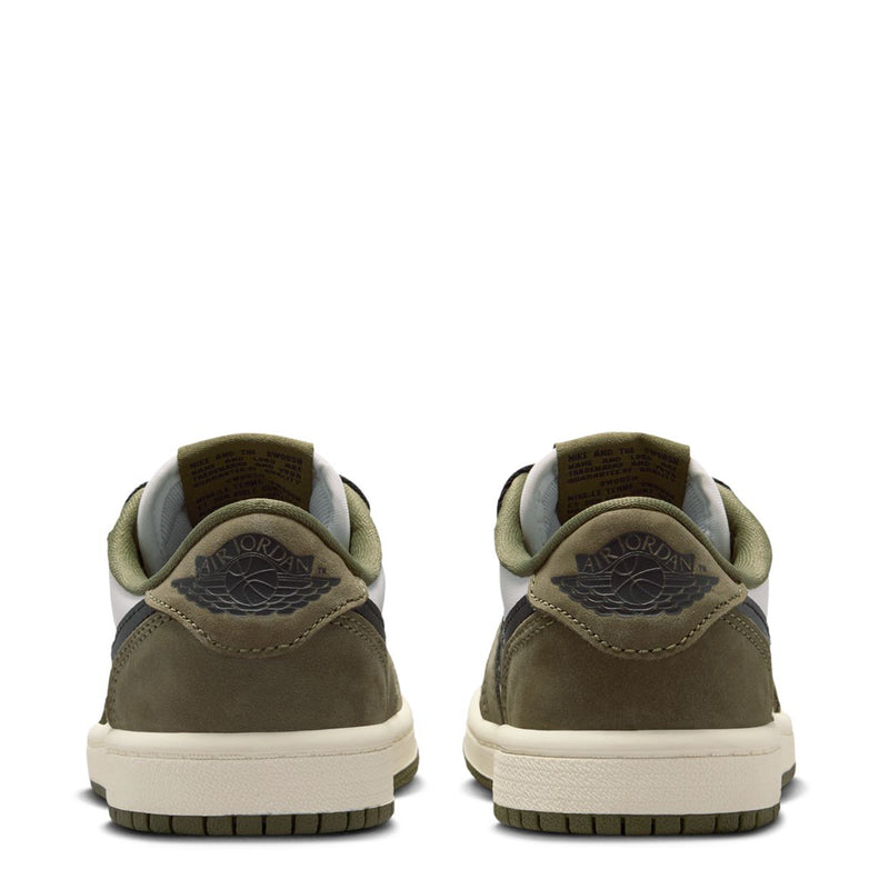 Kids sneakers back view in olive suede with white midsole and black lace-up collar