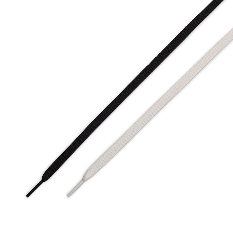 Black and light-colored shoelaces for low-top sneakers, two tied strands