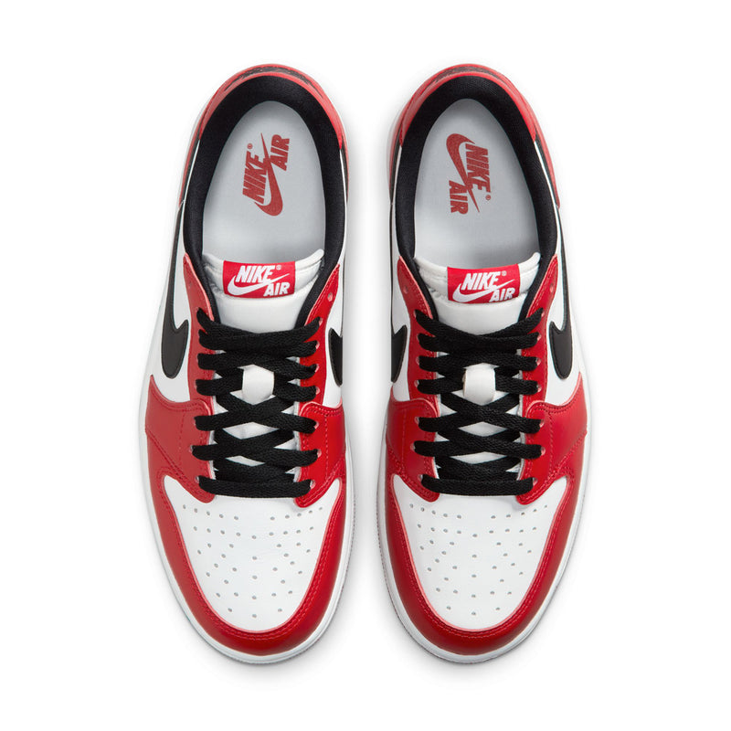 Men's low-top sneakers front view with red leather, white base, and black lace-up