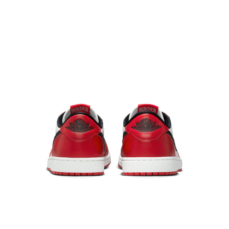 Men's low-top sneakers heel view in red leather with black accents and white sole