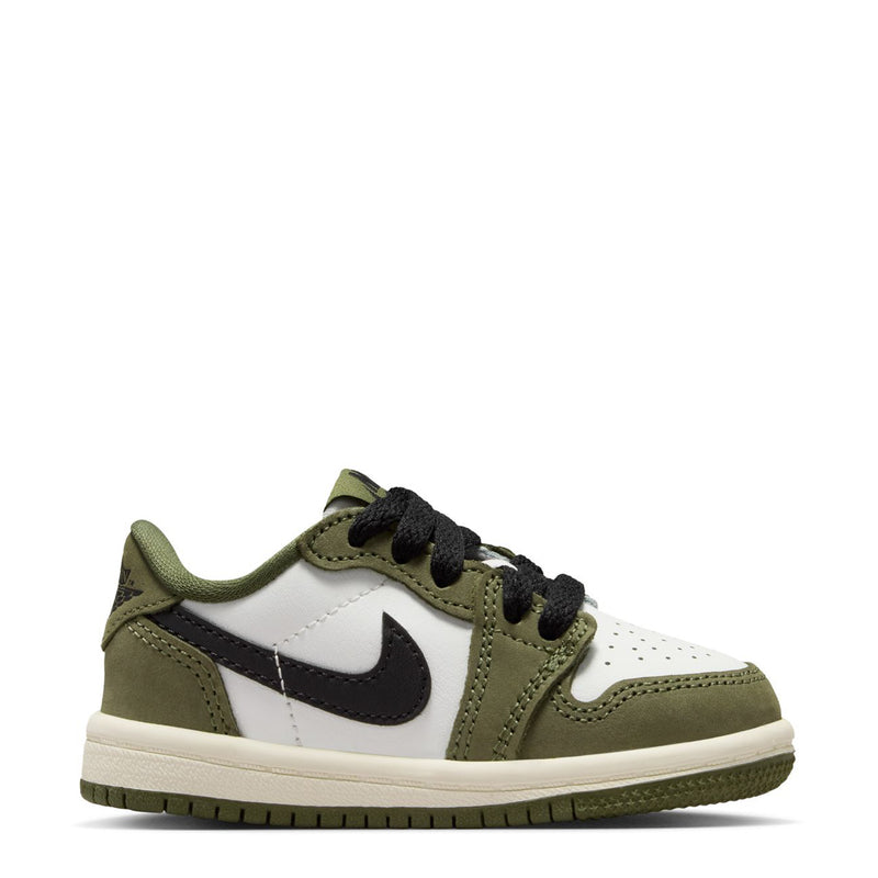 Toddler low-top sneakers with olive, white, and black panels, lace-up front