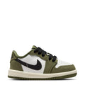 Toddler low-top sneakers with olive, white, and black panels, lace-up front