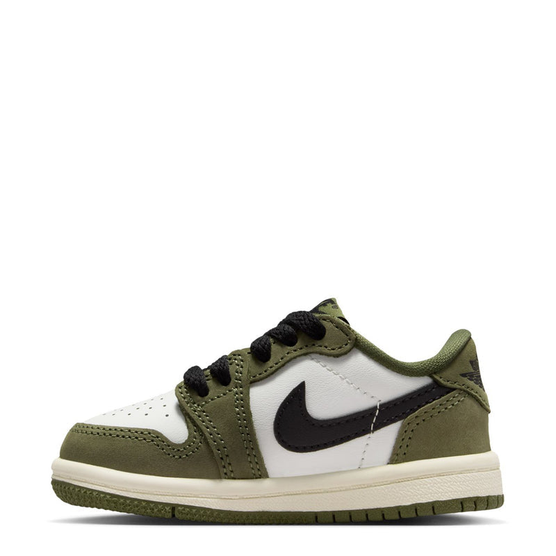 Toddler low-top sneakers, side profile in olive suede with black swoosh and white toe