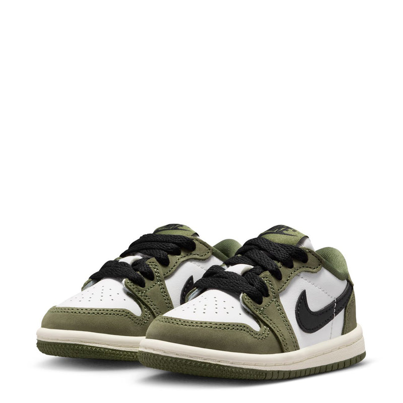 Toddler low-top sneakers, front angle pair with olive overlays and black lace-up