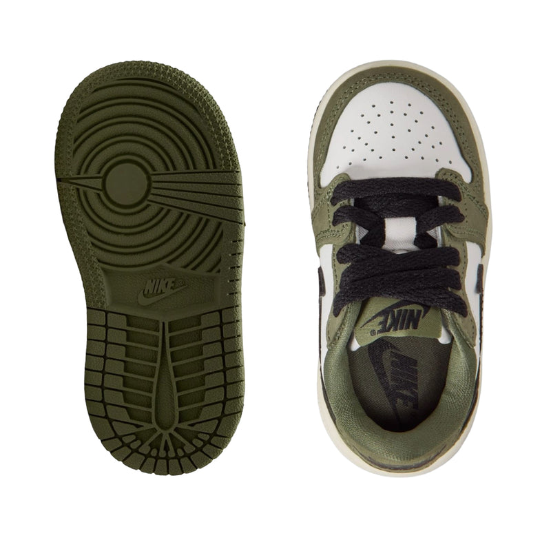 Toddler sneakers soles and inside upper view, olive rubber sole and perforated toe
