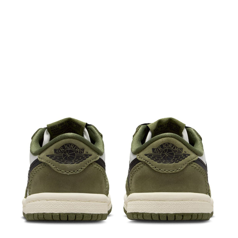 Toddler sneakers, heel view with olive suede back and white midsoles