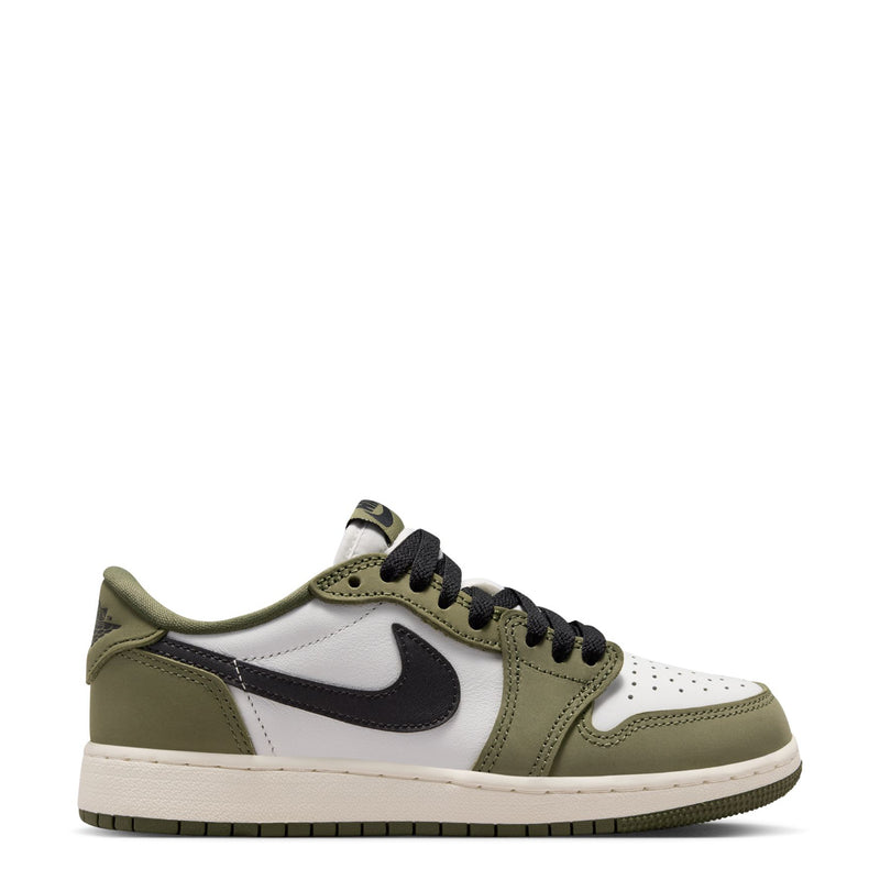 Youth low-top sneaker with olive suede, black swoosh, white toe and side panels