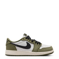 Youth low-top sneaker with olive suede, black swoosh, white toe and side panels