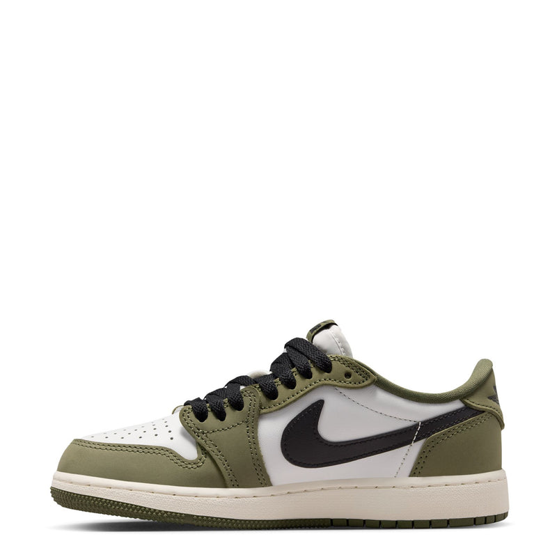 Youth low-top sneaker, white toe with olive overlays and black laces; side swoosh