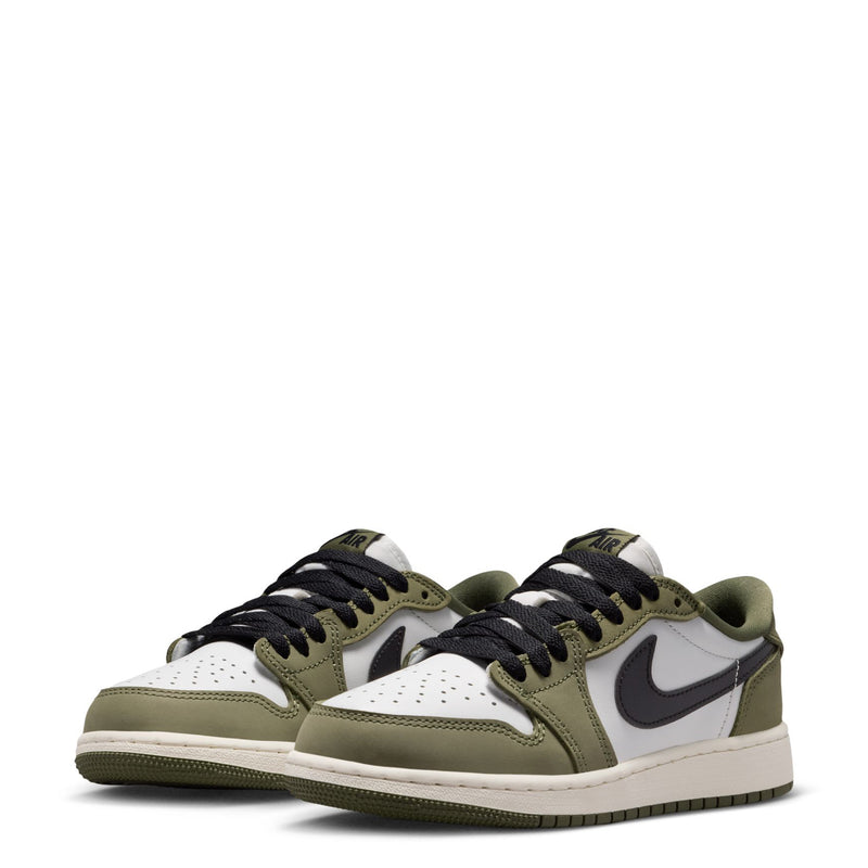 Youth low-top sneakers in olive, white, and black; matching lace-up pair