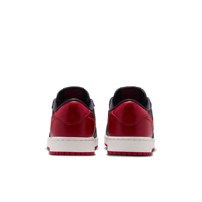 Youth sneaker heel view, red back panel with black collar and white midsole