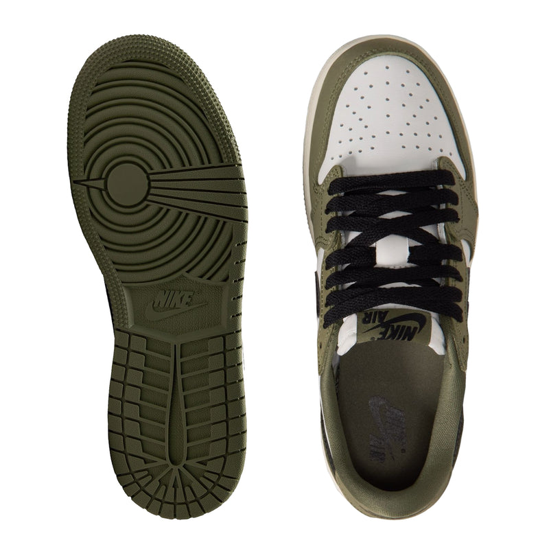 Youth sneaker soles and vamp view: olive tread, white panels, black laces