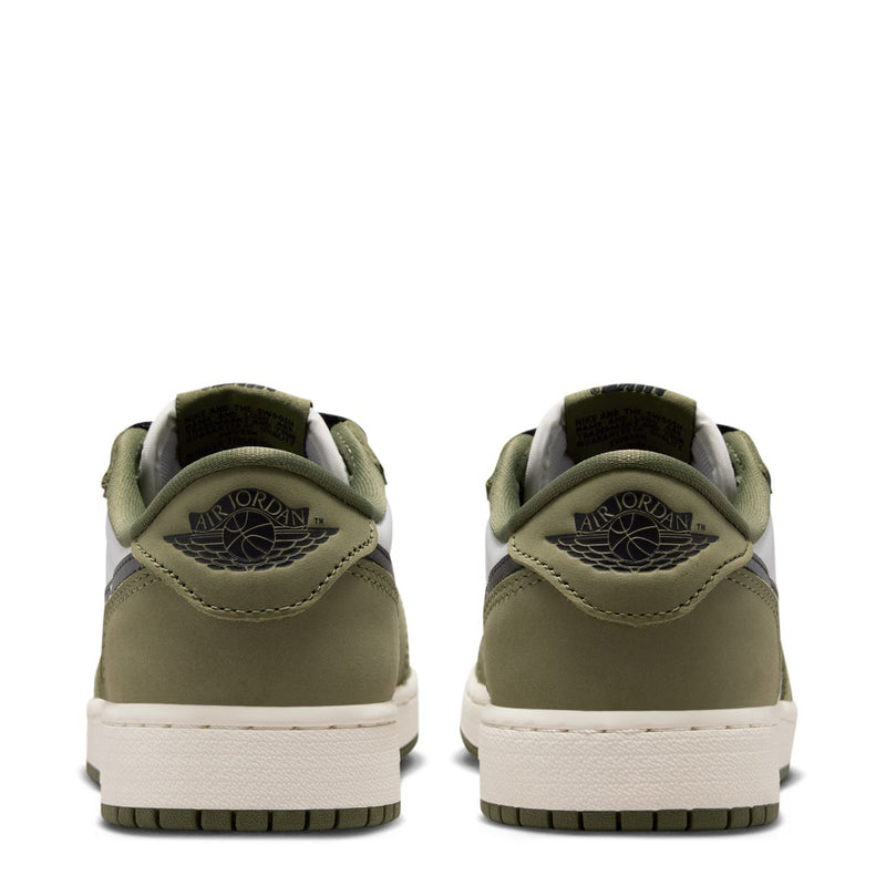 Youth low-top sneaker heel with olive and white panels; Air Jordan branding